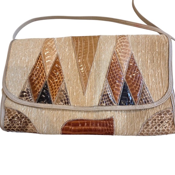 Vintage Palizzio 70s Snakeskin Leather Patchwork Clutch Shoulder Bag Boho - Picture 2 of 10